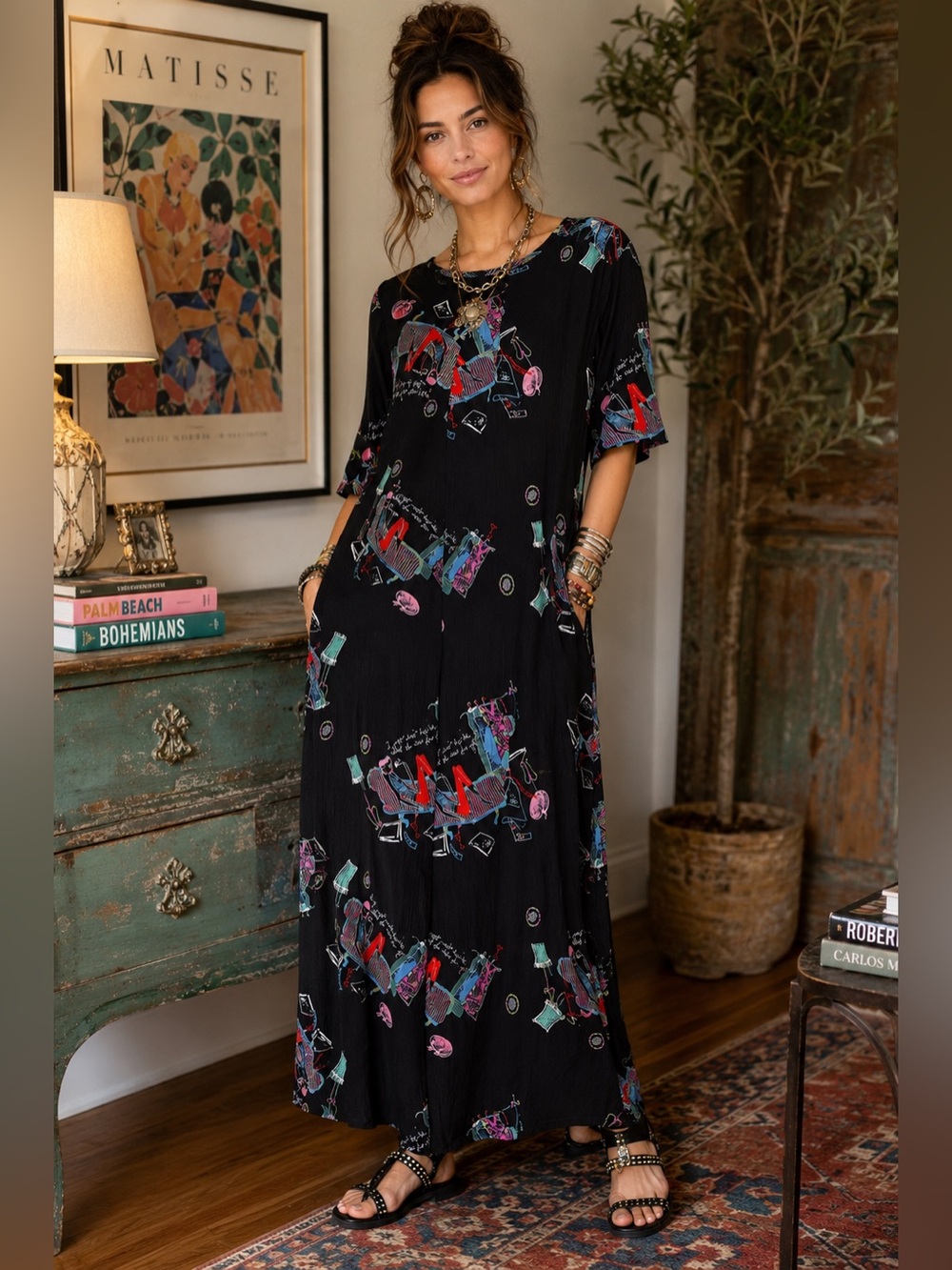 Vintage David Dart Black Novelty Art Print Rayon Maxi Dress Size Large